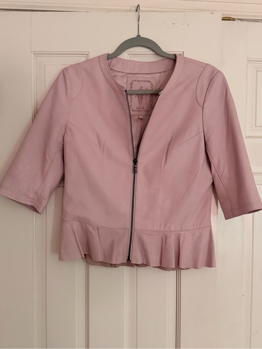 My Tribe light pink peplum 100% leather jacket blazer. NWOT